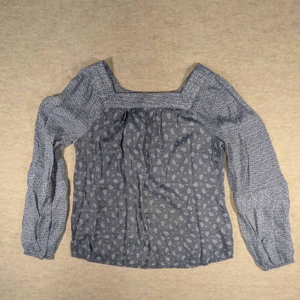 LC Navy Sheer Floral Blouse Top Long Sleeve Shirt Square Neck Paisley Country M